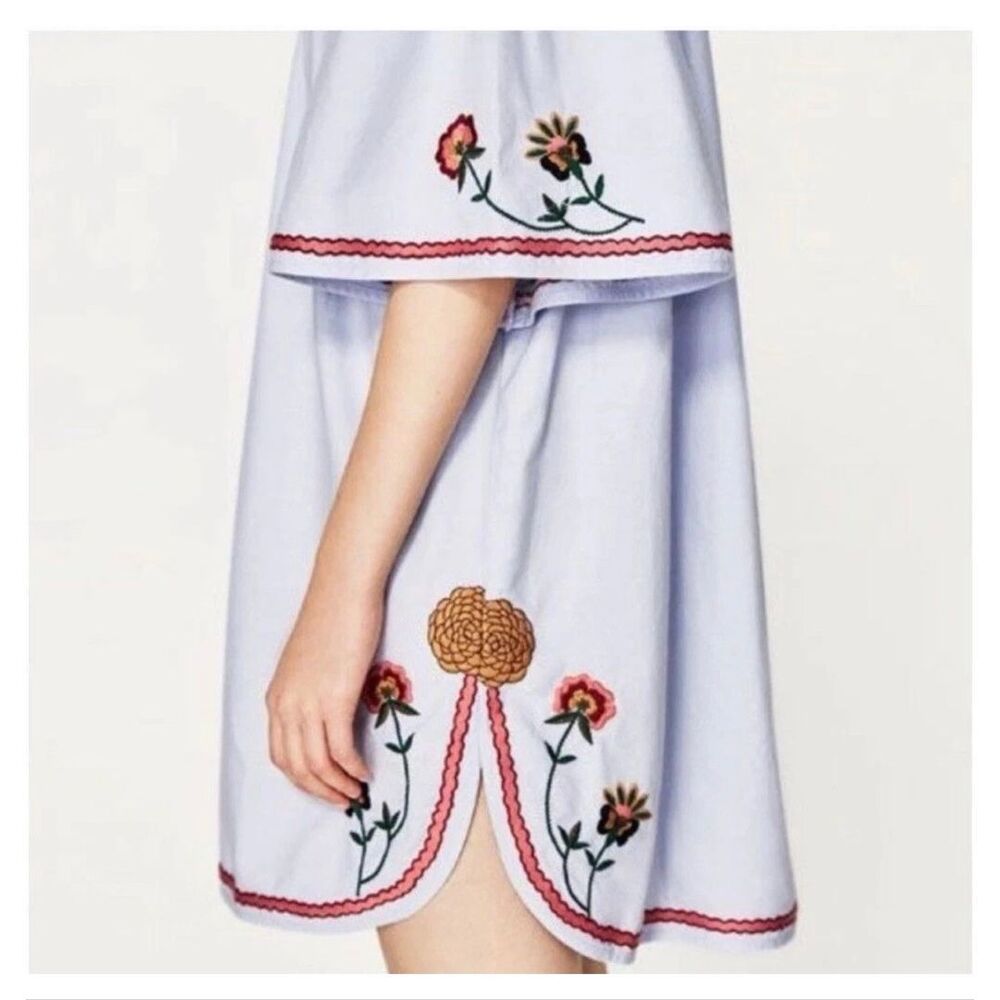 Zara light blue embroidered trim off the shoulder mini summer dress size small - Picture 2 of 12